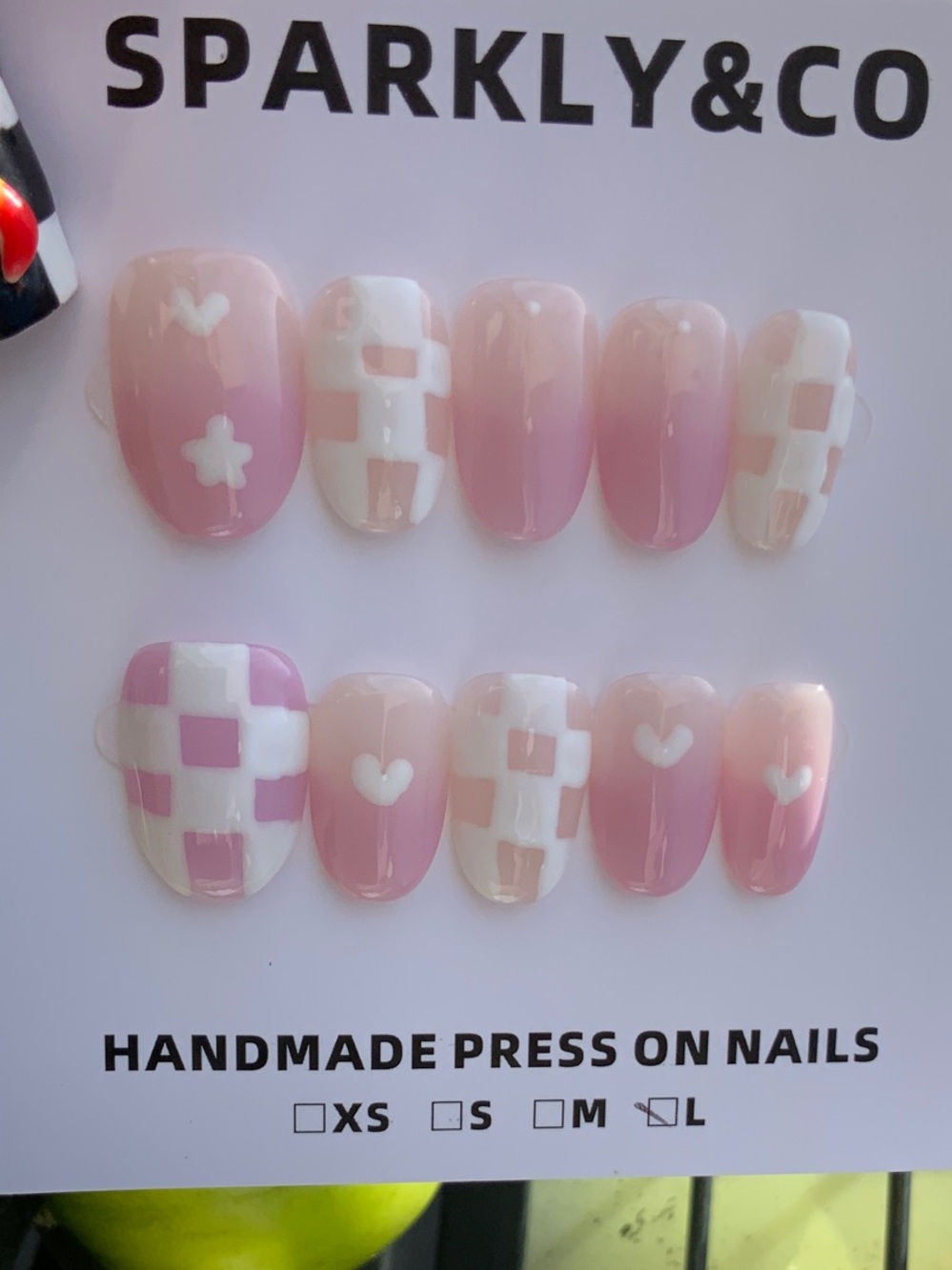Pink and White Check & Heart Press-On Nails